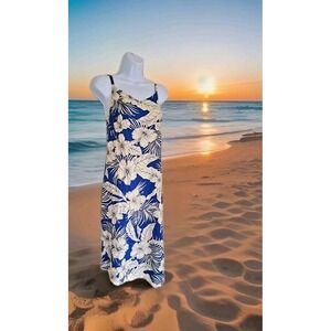 Tiki Palm Sun Dress L Blue Floral Bias Cut Hem Beach Coastal Vacation Resort NWT